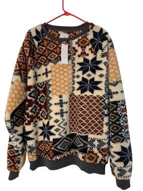 Mens Urban Outfitters L Cozy Fleece Pullover Sweater Patchwork Nordic Pattern NW